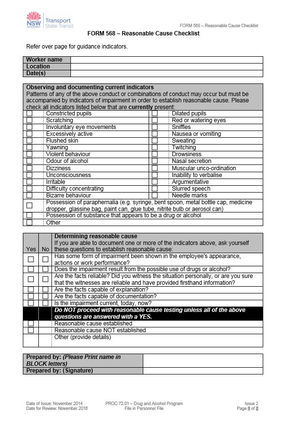 NRSPP Australia Reasonable Cause Checklist for Drug Use