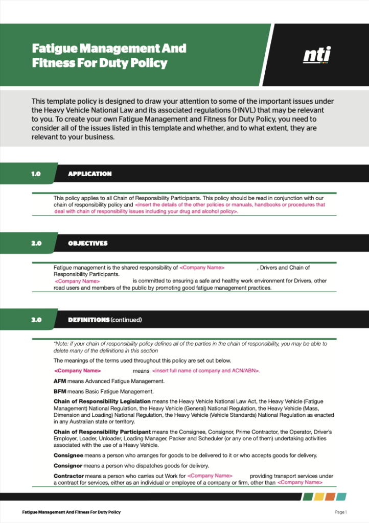 NRSPP Australia Fatigue Management And Fitness For Duty Policy