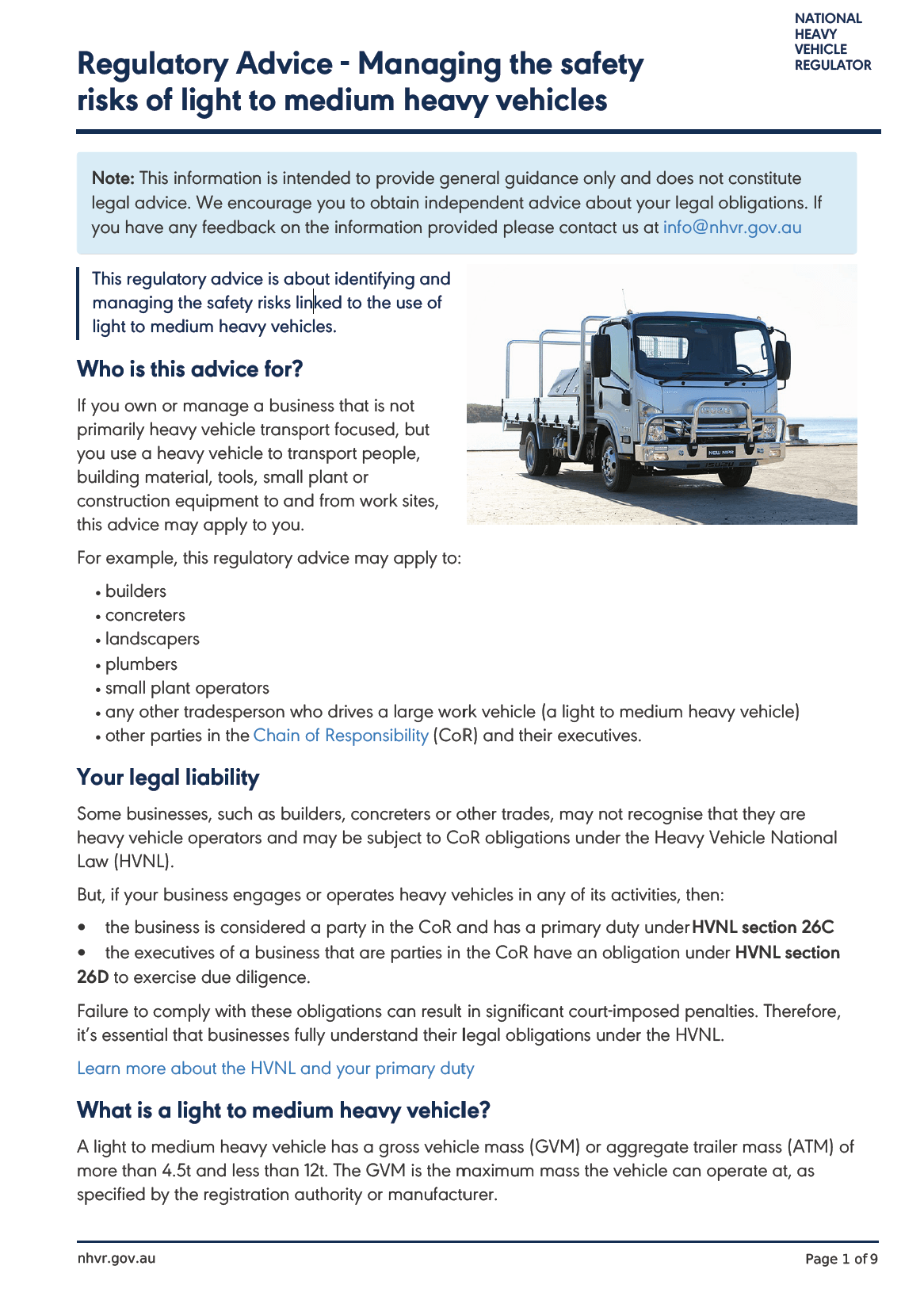 NHVR Regulatory Advice Managing the safety risks of light to medium